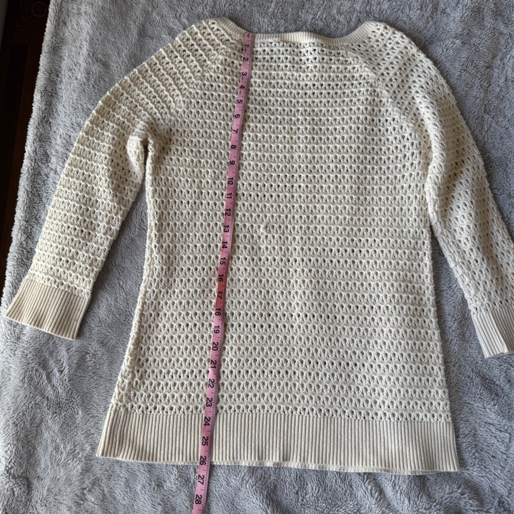 LOFT Women Cream Ivory Open Knit Crochet Sweater 3/4 Sleeve Crew Neck Large Flaw - Picture 8 of 9